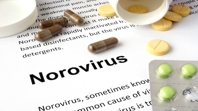 Paper with norovirus  and pills. Medical concept.