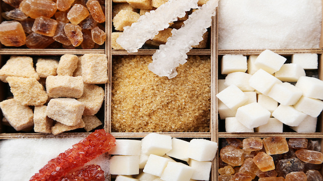 Various kinds of sugar in wooden box