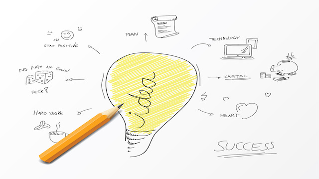 Flashbulb with hand drawn icons of you successful business plan. Realistic vector pencil.