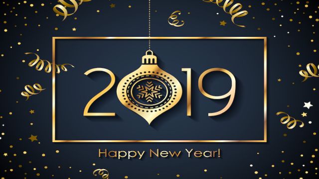 2019 Happy New Year background. Seasonal greeting card template.