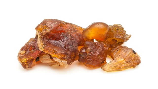 Macro closeup of Organic Indian bdellium or Guggul resin (Commiphora wightii) isolated on white background.