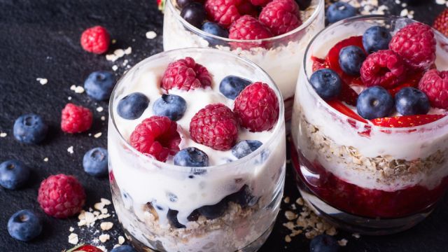 yogurt with oatmeal , blueberries , raspberries and strawberries