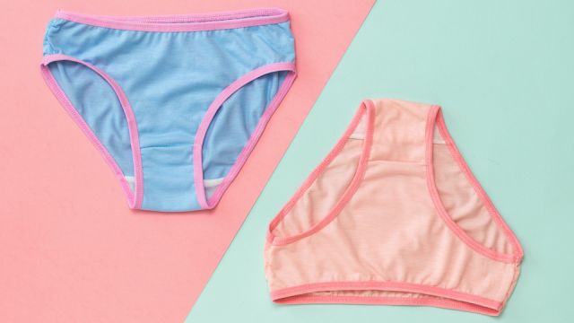 Blue and pink panties on a pink and blue background. The concept of meeting lovers. Underwear. The view from the top.